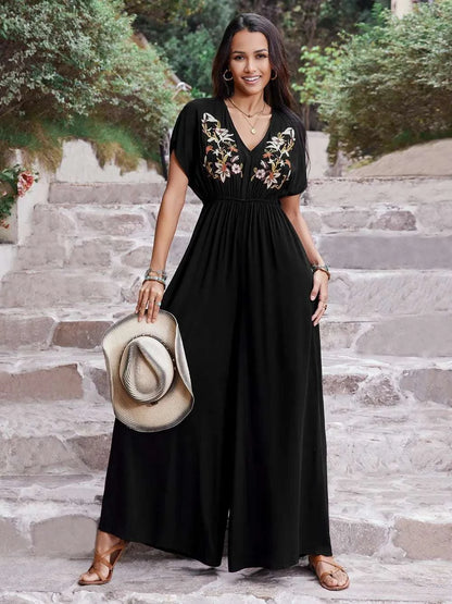 Embroidered Ruched Short Sleeve Jumpsuit WESTCLOSET