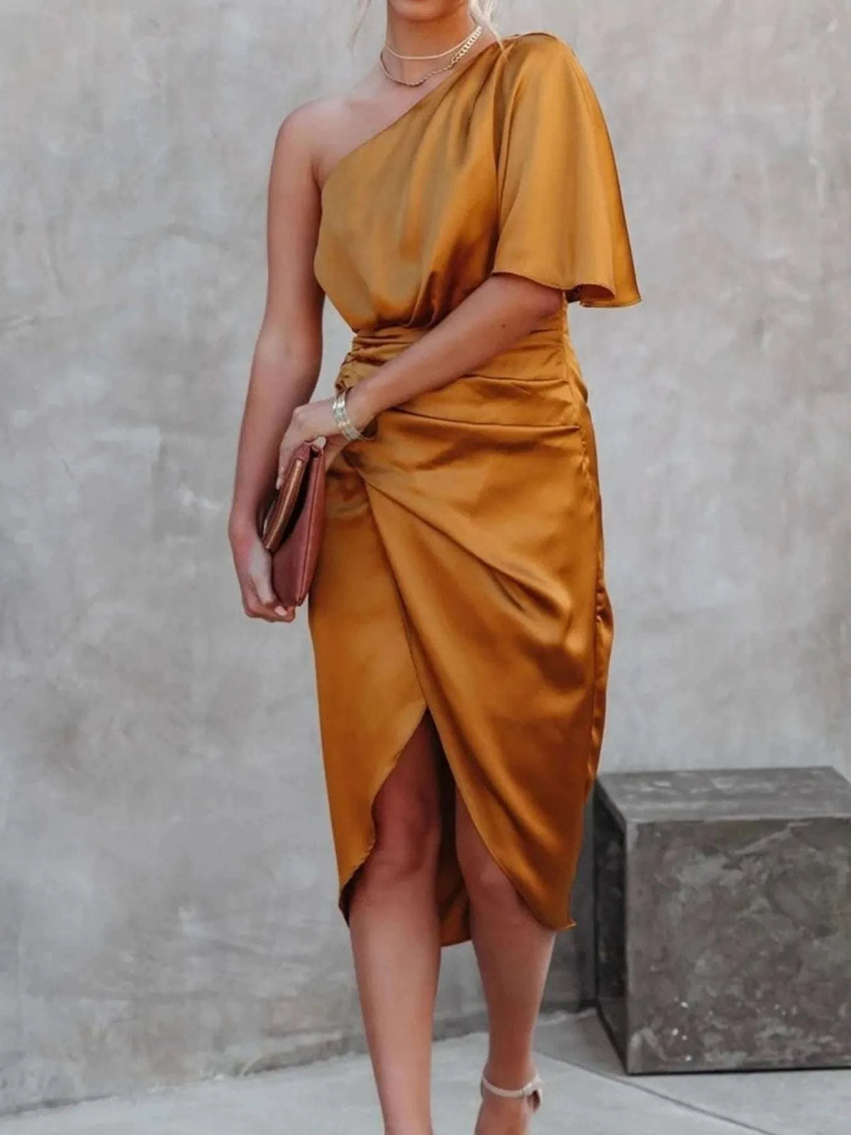 One-Shoulder Satin Wrap Dress with Side Slit WESTCLOSET