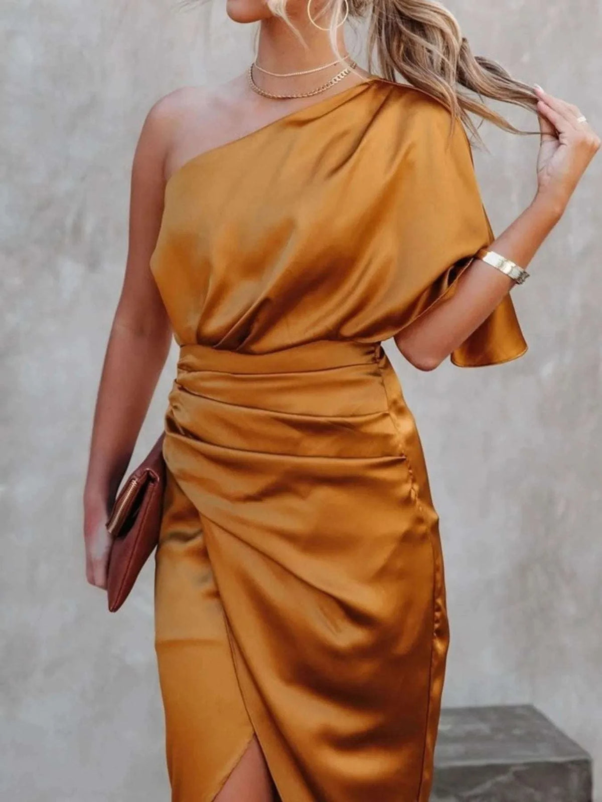 One-Shoulder Satin Wrap Dress with Side Slit WESTCLOSET