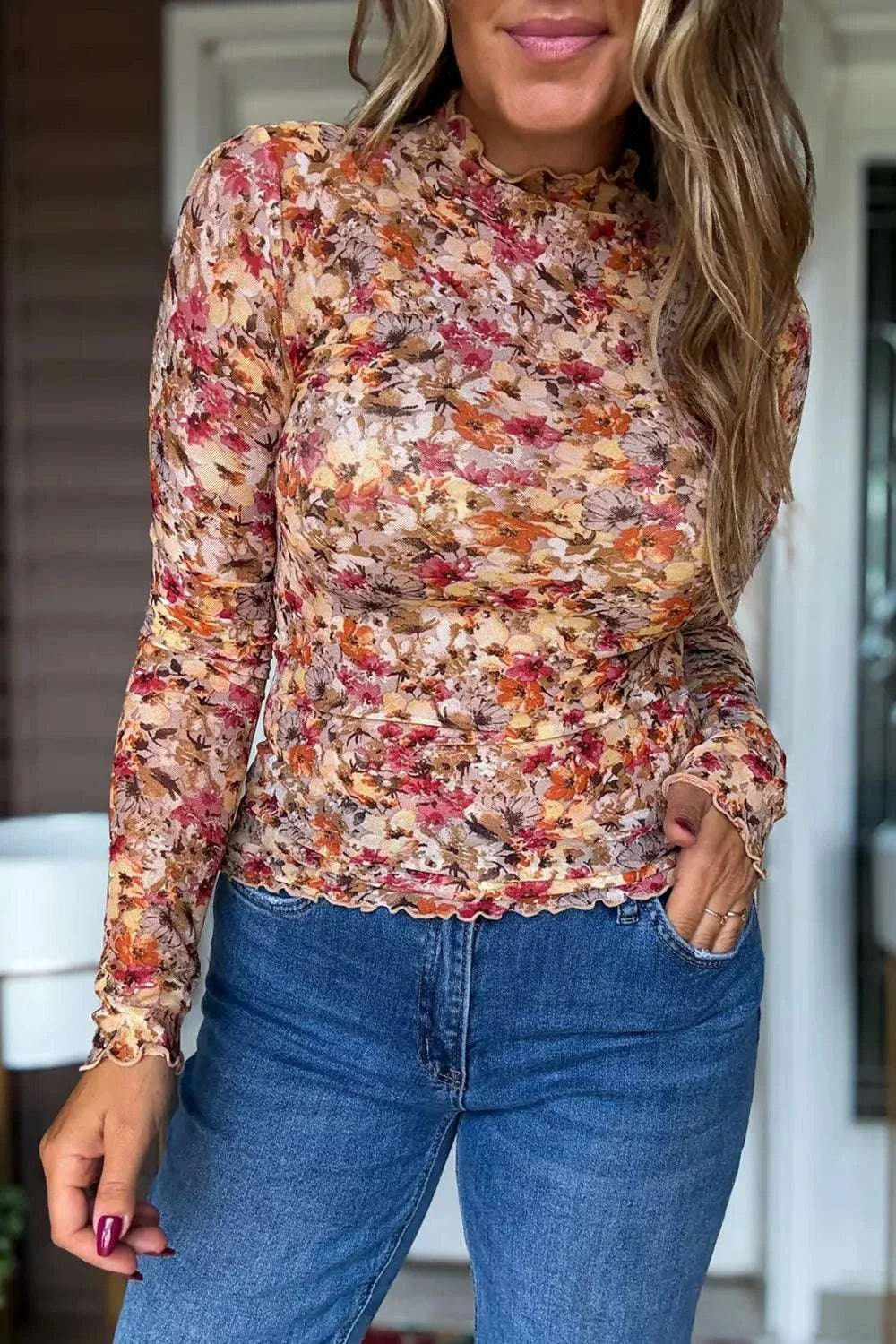 Floral Print Mesh Long Sleeve T-Shirt WESTCLOSET