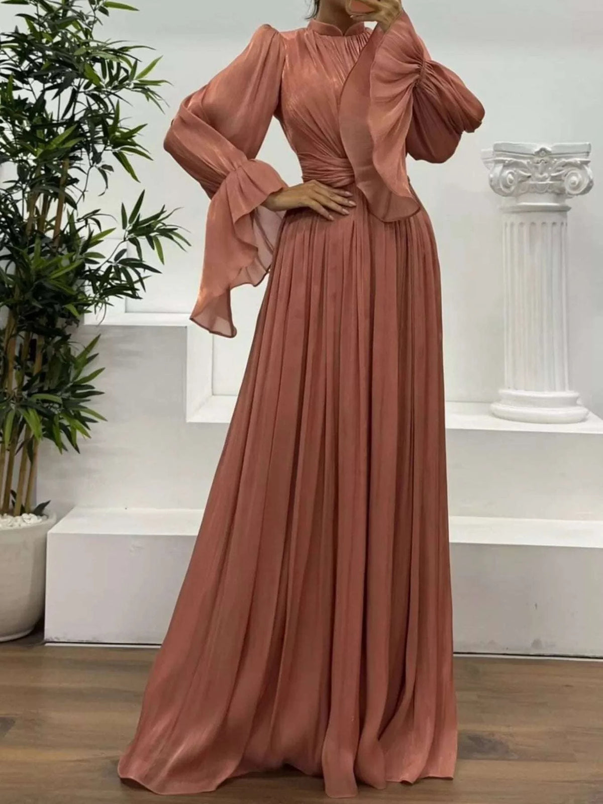 Pleated Mock Neck Long Sleeve Maxi Dress WESTCLOSET