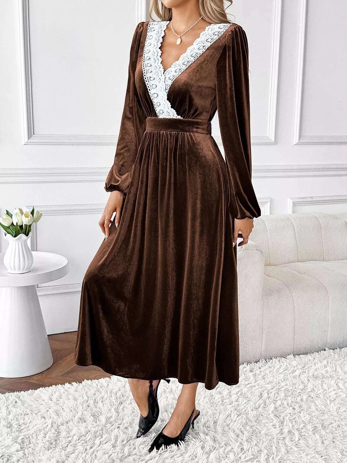 Velvet A-Line Dress with Lace Trim WESTCLOSET