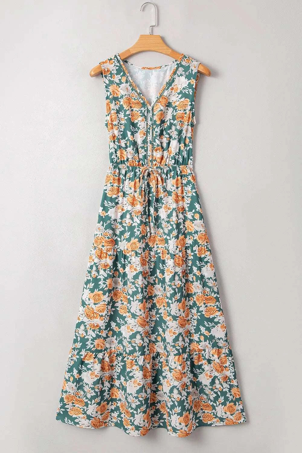 Floral Print Trimmed V Neck Tie Waist Sleeveless Dress WESTCLOSET