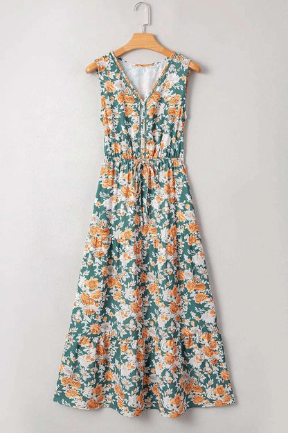 Floral Print Trimmed V Neck Tie Waist Sleeveless Dress WESTCLOSET