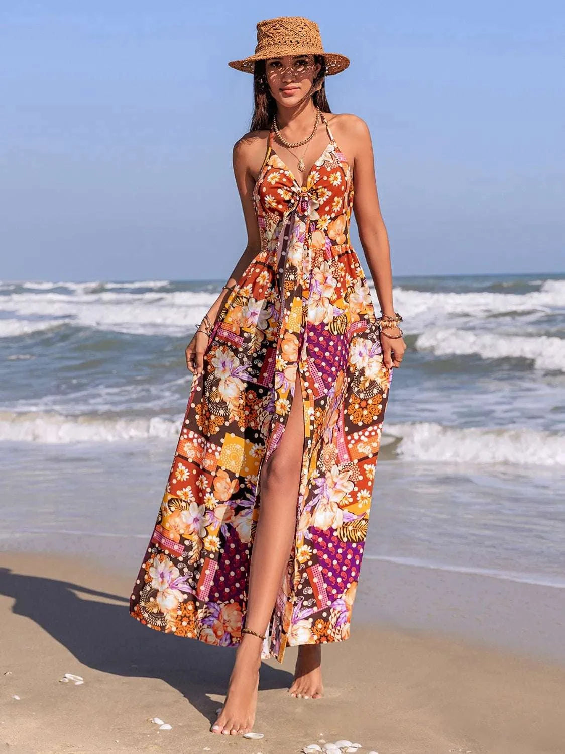 Slit Printed Halter Neck Cami Dress WESTCLOSET