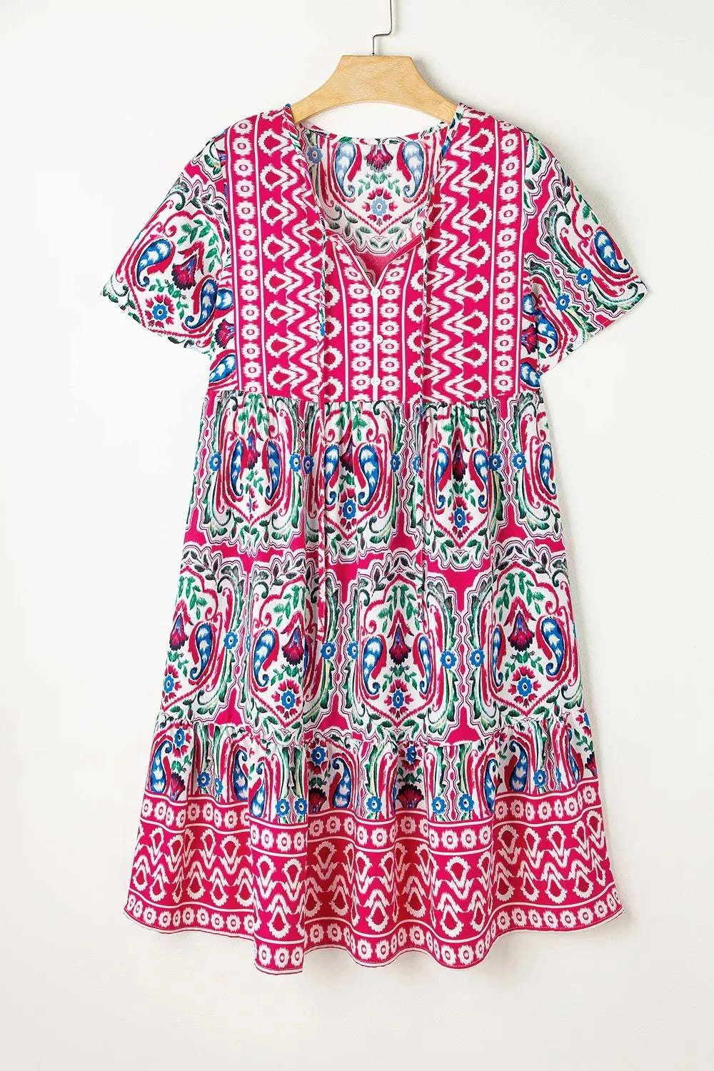 Printed Tie Neck Short Sleeve Dress WESTCLOSET
