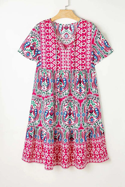 Printed Tie Neck Short Sleeve Dress WESTCLOSET