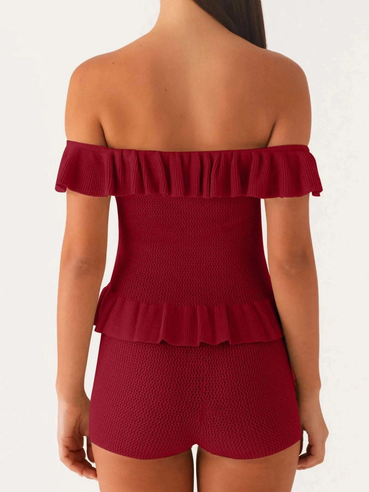 Off-Shoulder Ruffle Top and Shorts Sweater Set WESTCLOSET