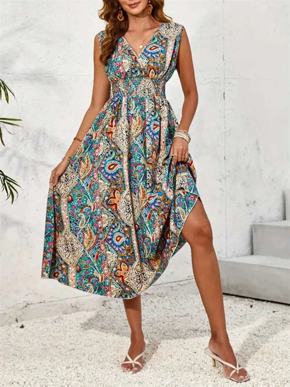 Smocked Printed Surplice Sleeveless Midi Dress WESTCLOSET