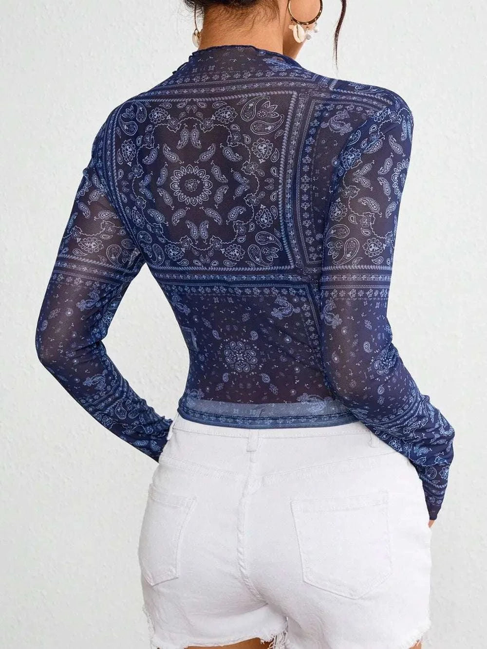 Paisley Mock Neck Long Sleeve Sheer Top WESTCLOSET