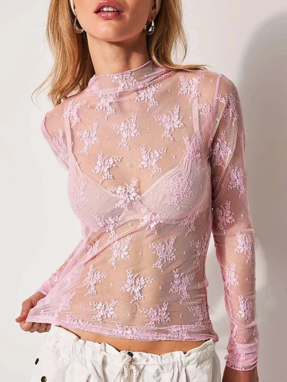 Lace Mock Neck Long Sleeve Blouse WESTCLOSET