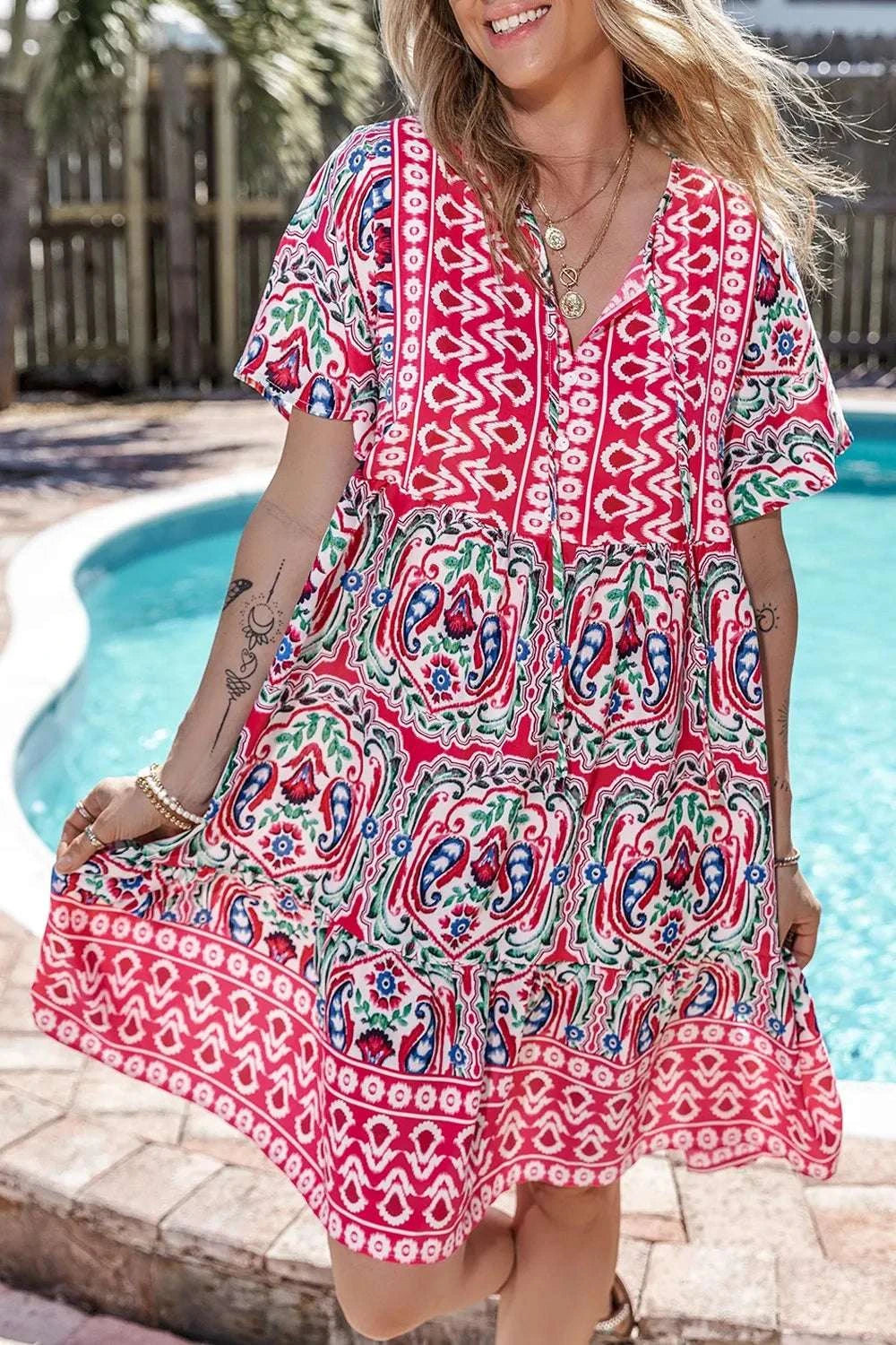 Printed Tie Neck Short Sleeve Dress WESTCLOSET