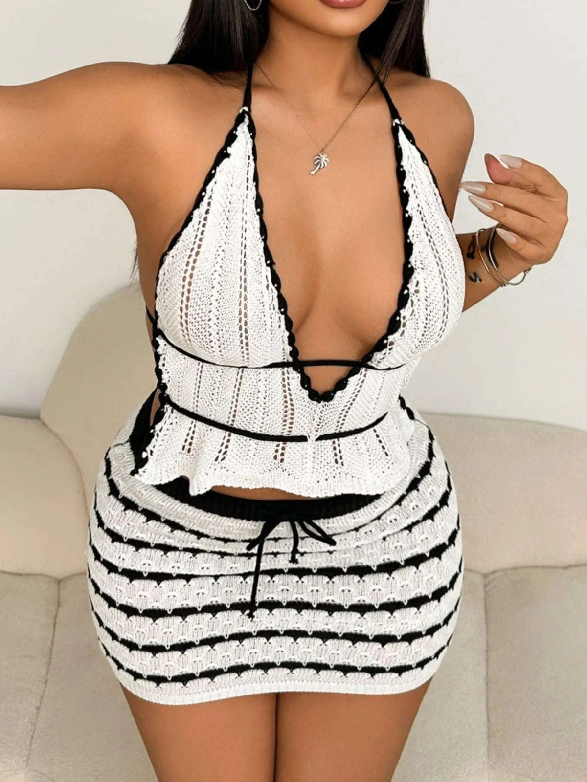 Openwork Halter Neck Cami and Skirt Sweater Set WESTCLOSET