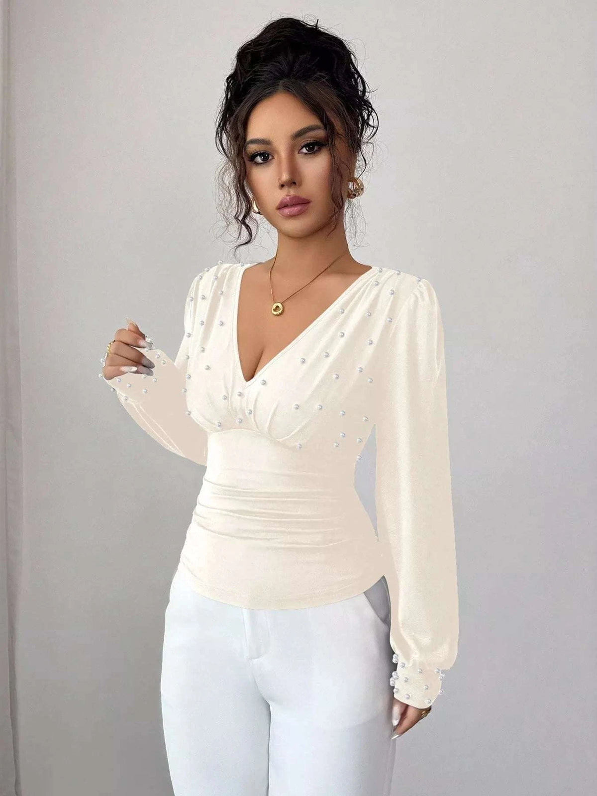 Pearl Embellished V-Neck Blouse WESTCLOSET