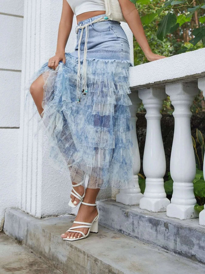 Tiered Ruffle Denim Patchwork Skirt WESTCLOSET