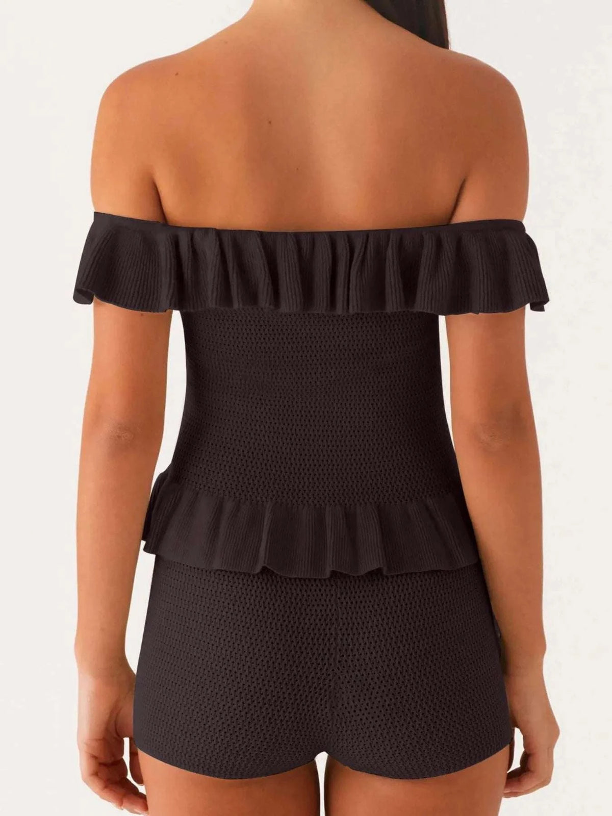 Off-Shoulder Ruffle Top and Shorts Sweater Set WESTCLOSET