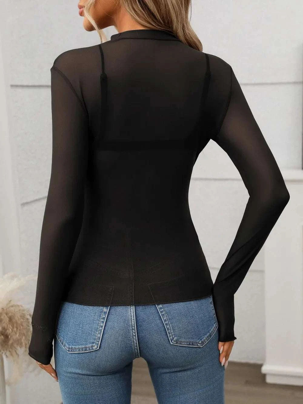Mock Neck Long Sleeve Sheer Top WESTCLOSET