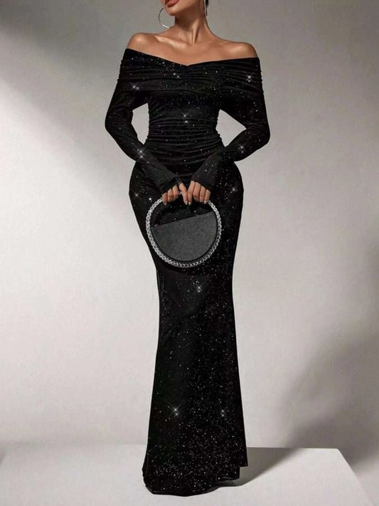 Off-Shoulder Glitter Evening Maxi Dress WESTCLOSET