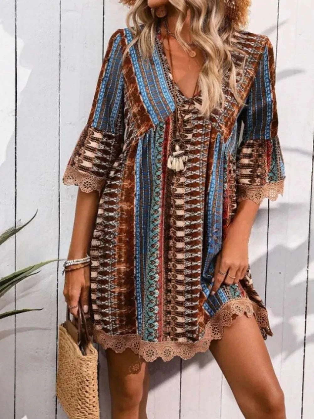 Lace Trim Printed V-Neck 3/4 Sleeve Dress WESTCLOSET