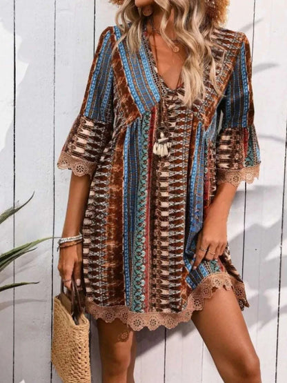 Lace Trim Printed V-Neck 3/4 Sleeve Dress WESTCLOSET