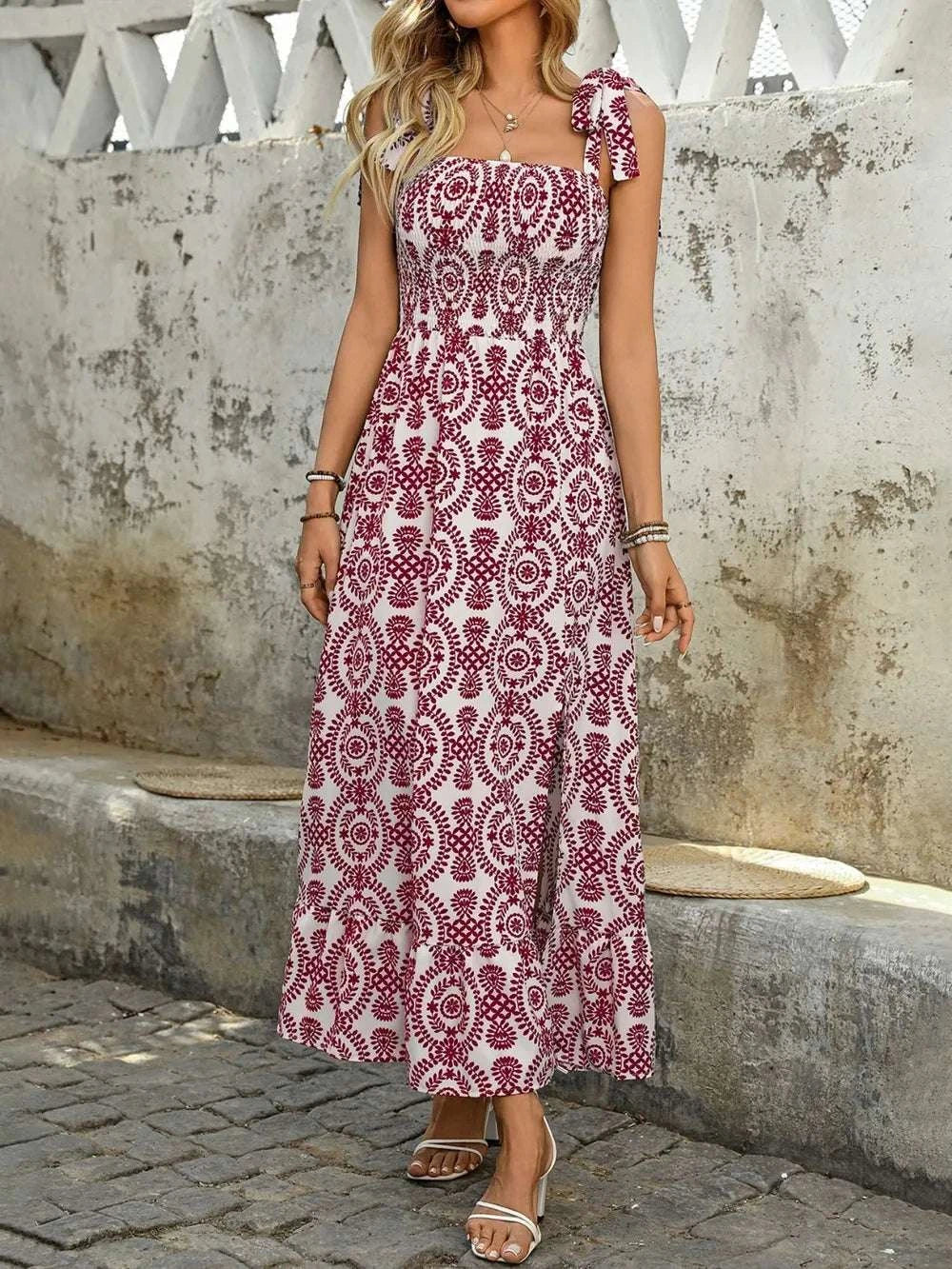 Smocked Slit Printed Tie Shoulder Dress WESTCLOSET