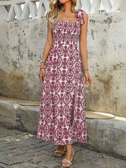 Smocked Slit Printed Tie Shoulder Dress WESTCLOSET