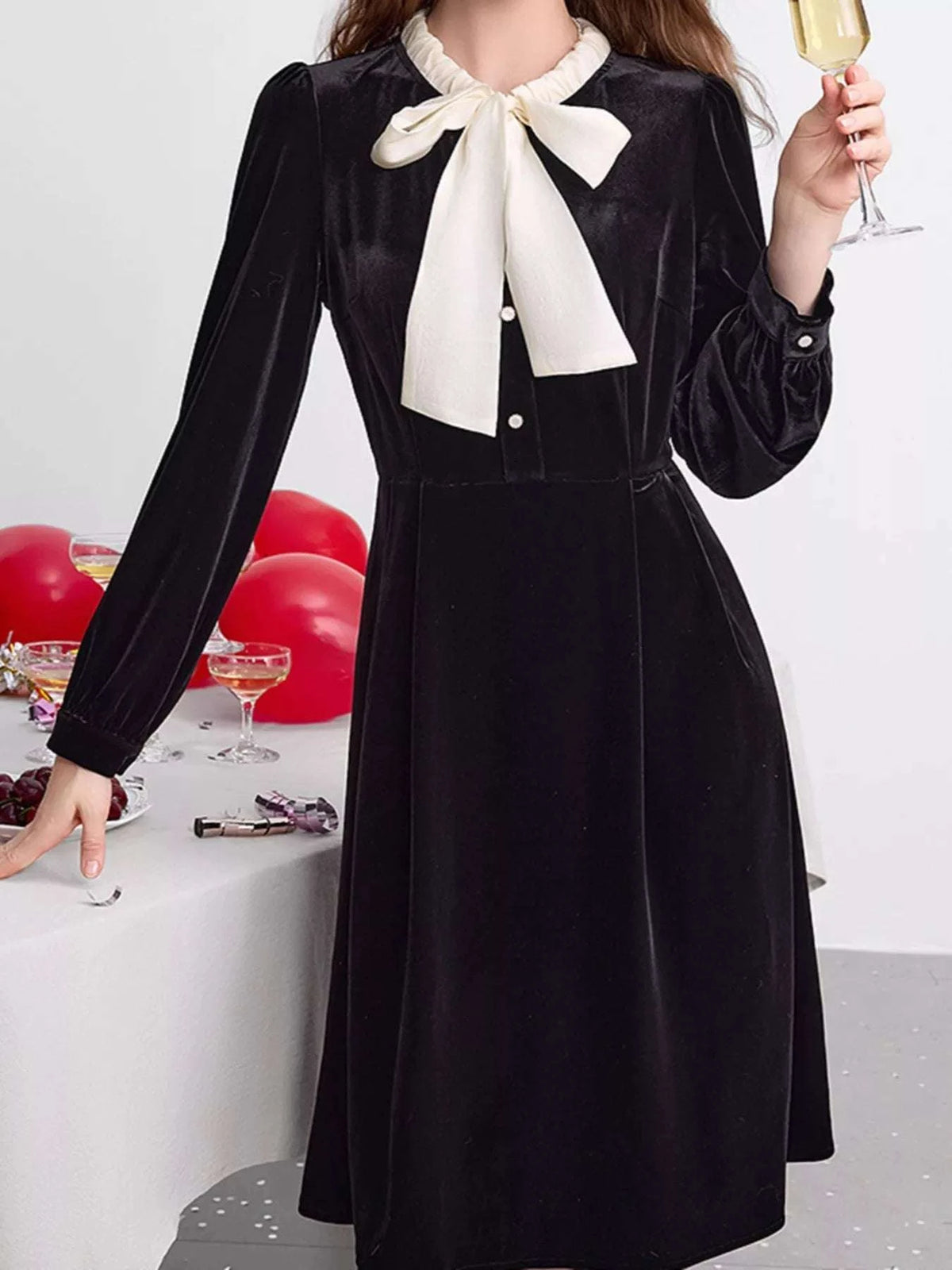 Velvet Bowknot Long Sleeve A-Line Dress WESTCLOSET