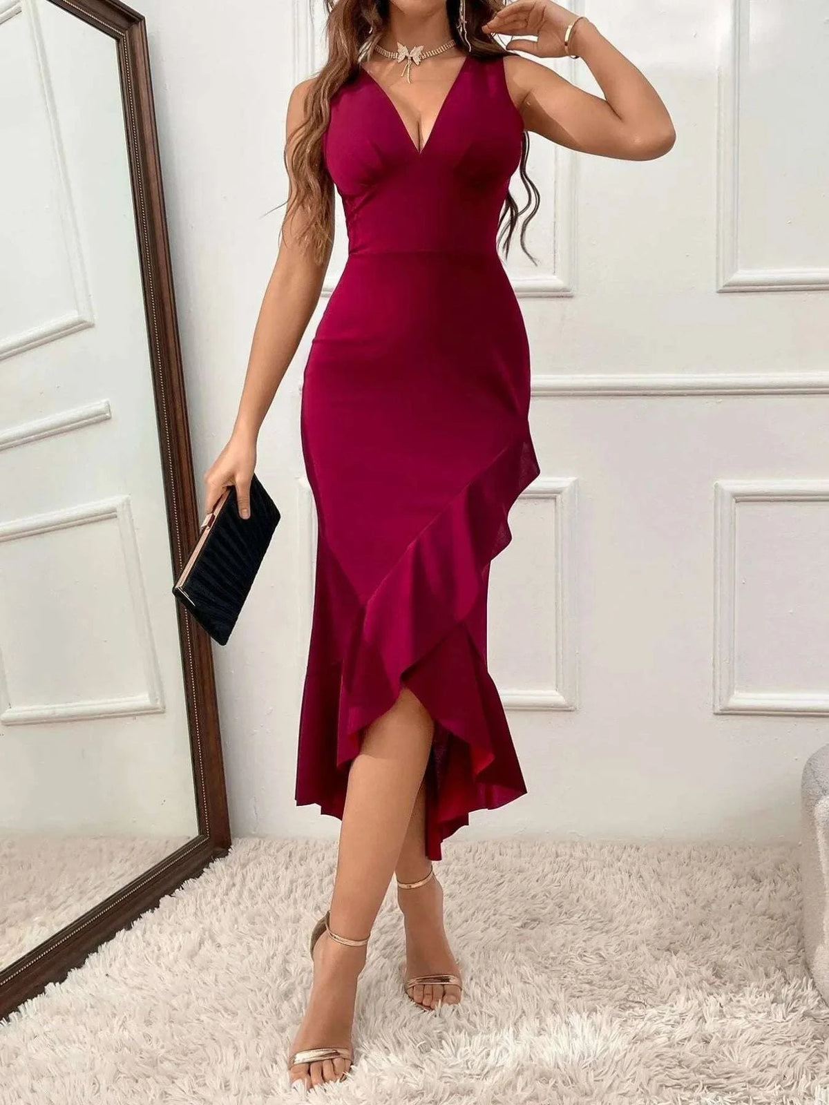 Ruffle Hem V-Neck Bodycon Dress WESTCLOSET