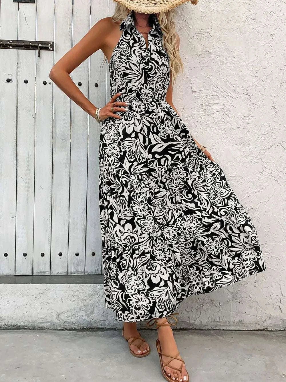 Perfee Backless Smocked Printed Sleeveless Midi Dress WESTCLOSET