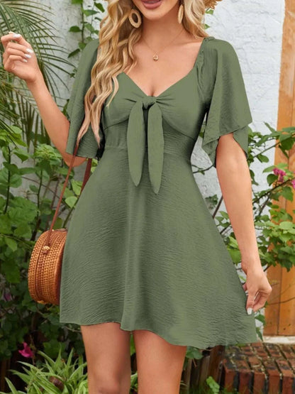 Smocked Back Knotted Flutter Sleeve Dress WESTCLOSET