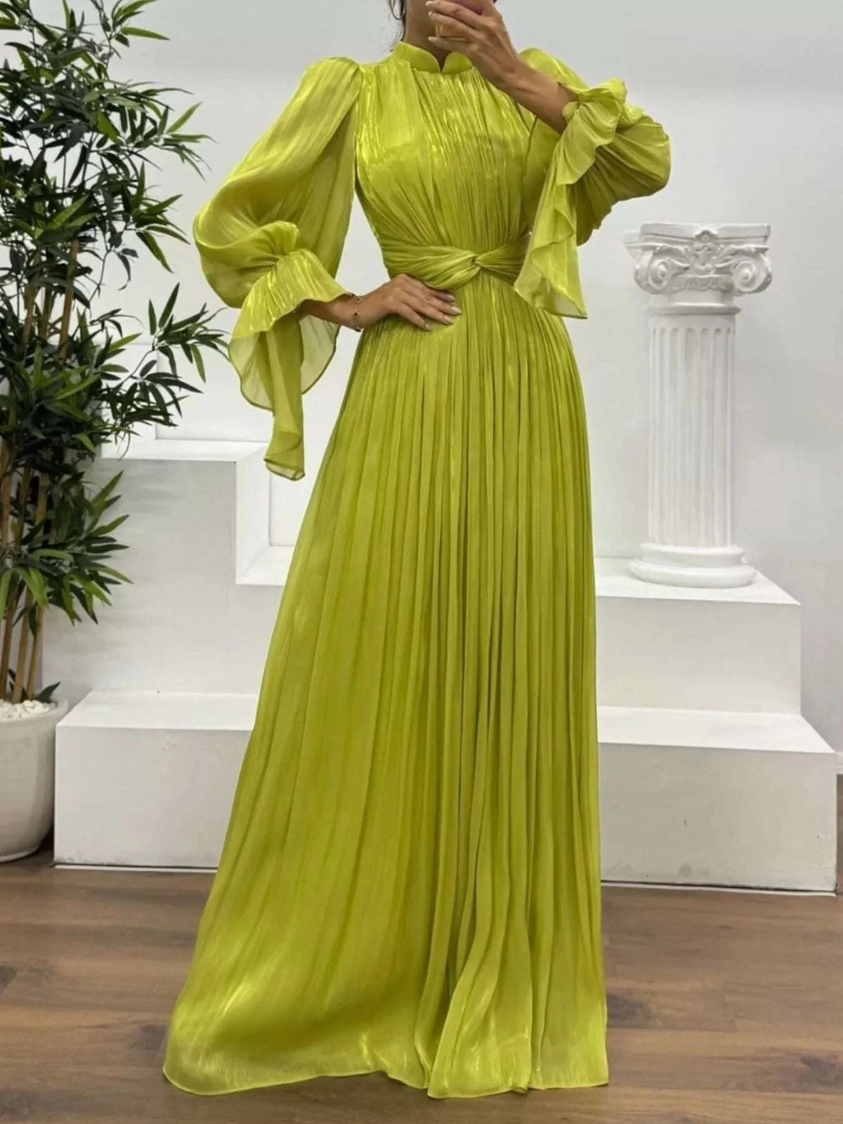 Pleated Mock Neck Long Sleeve Maxi Dress WESTCLOSET