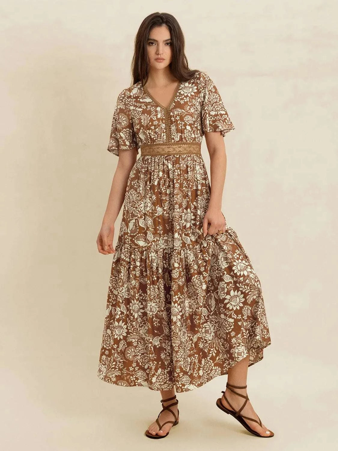 Lace Detail Printed Short Sleeve Midi Dress WESTCLOSET