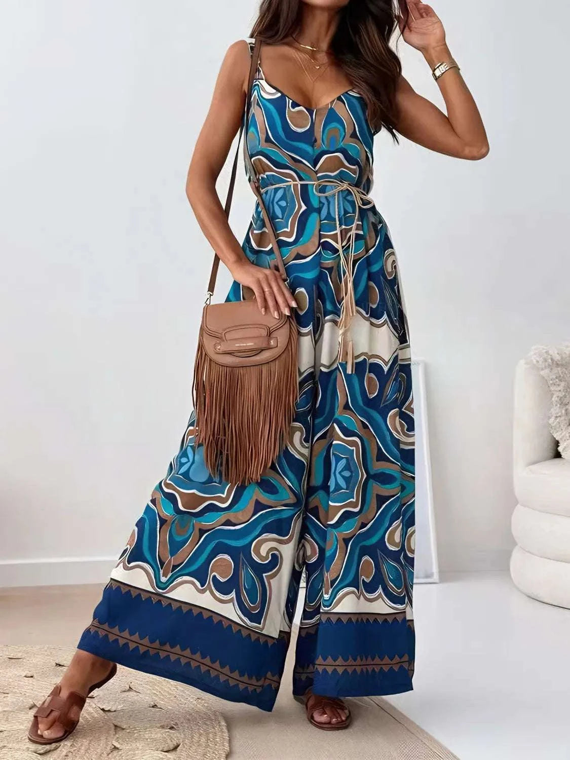Printed V-Neck Wide Leg Jumpsuit WESTCLOSET