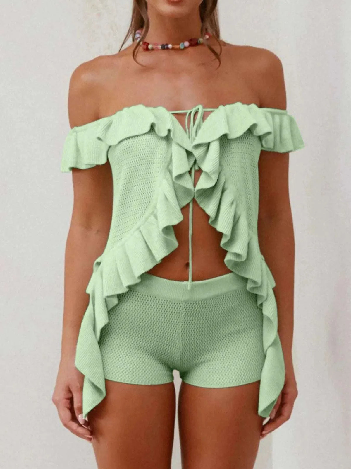 Off-Shoulder Ruffle Top and Shorts Sweater Set WESTCLOSET