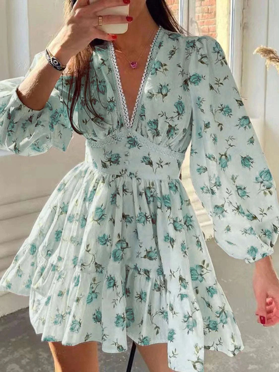 Lace Detail V-Neck Balloon Sleeve Dress WESTCLOSET