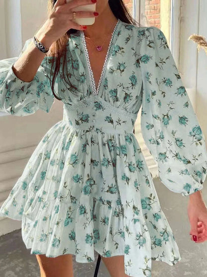 Lace Detail V-Neck Balloon Sleeve Dress WESTCLOSET