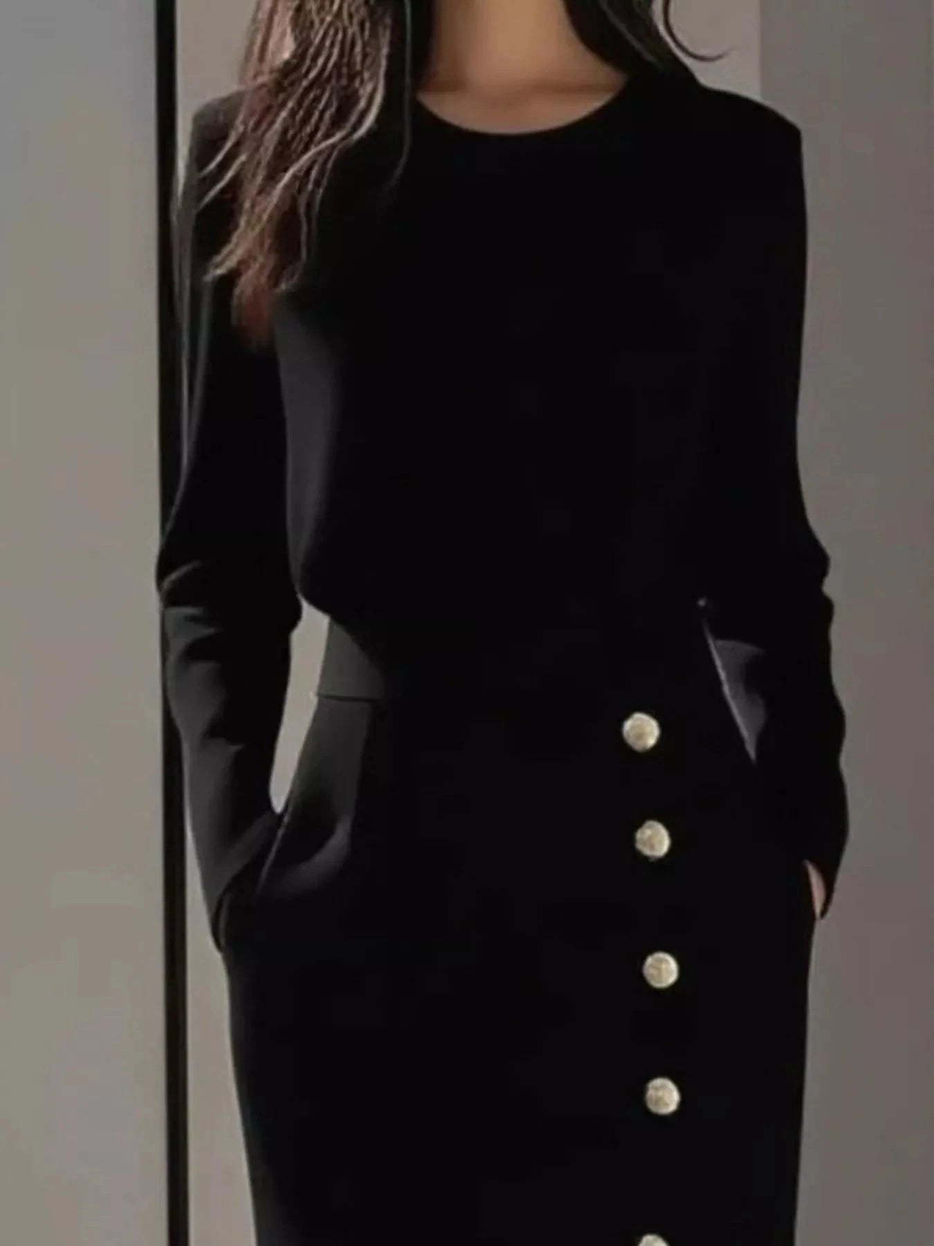Long Sleeve Button Detail Midi Dress with Side Slit WESTCLOSET