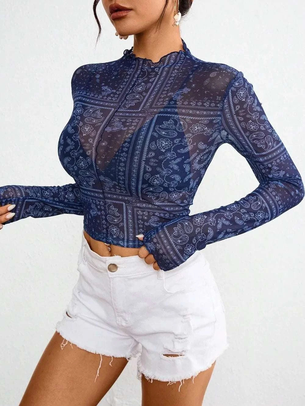 Paisley Mock Neck Long Sleeve Sheer Top WESTCLOSET