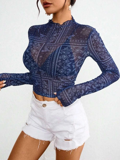 Paisley Mock Neck Long Sleeve Sheer Top WESTCLOSET