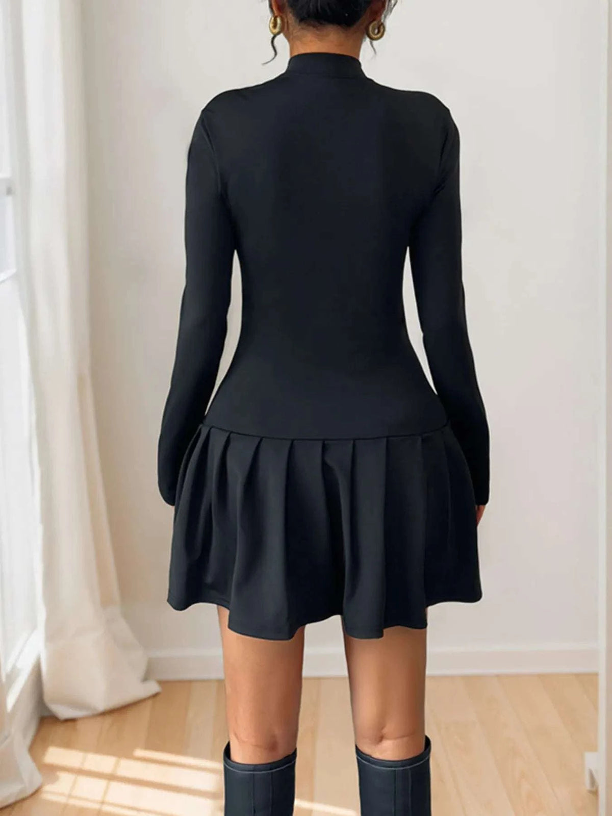 Decorative Button Mock Neck Long Sleeve Mini Dress WESTCLOSET