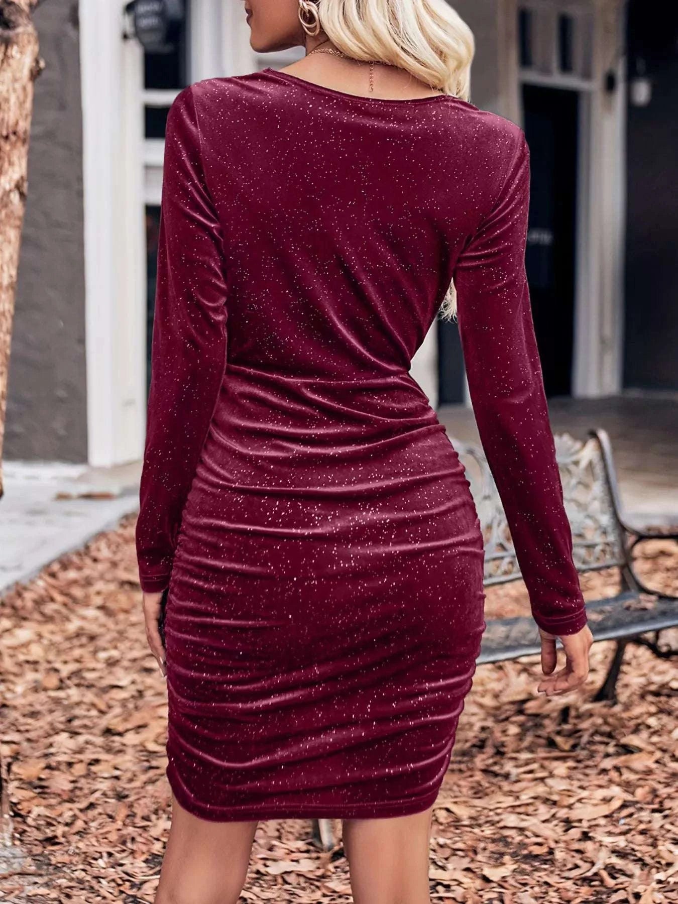 Velvet Cowl Neck Ruched Bodycon Dress WESTCLOSET