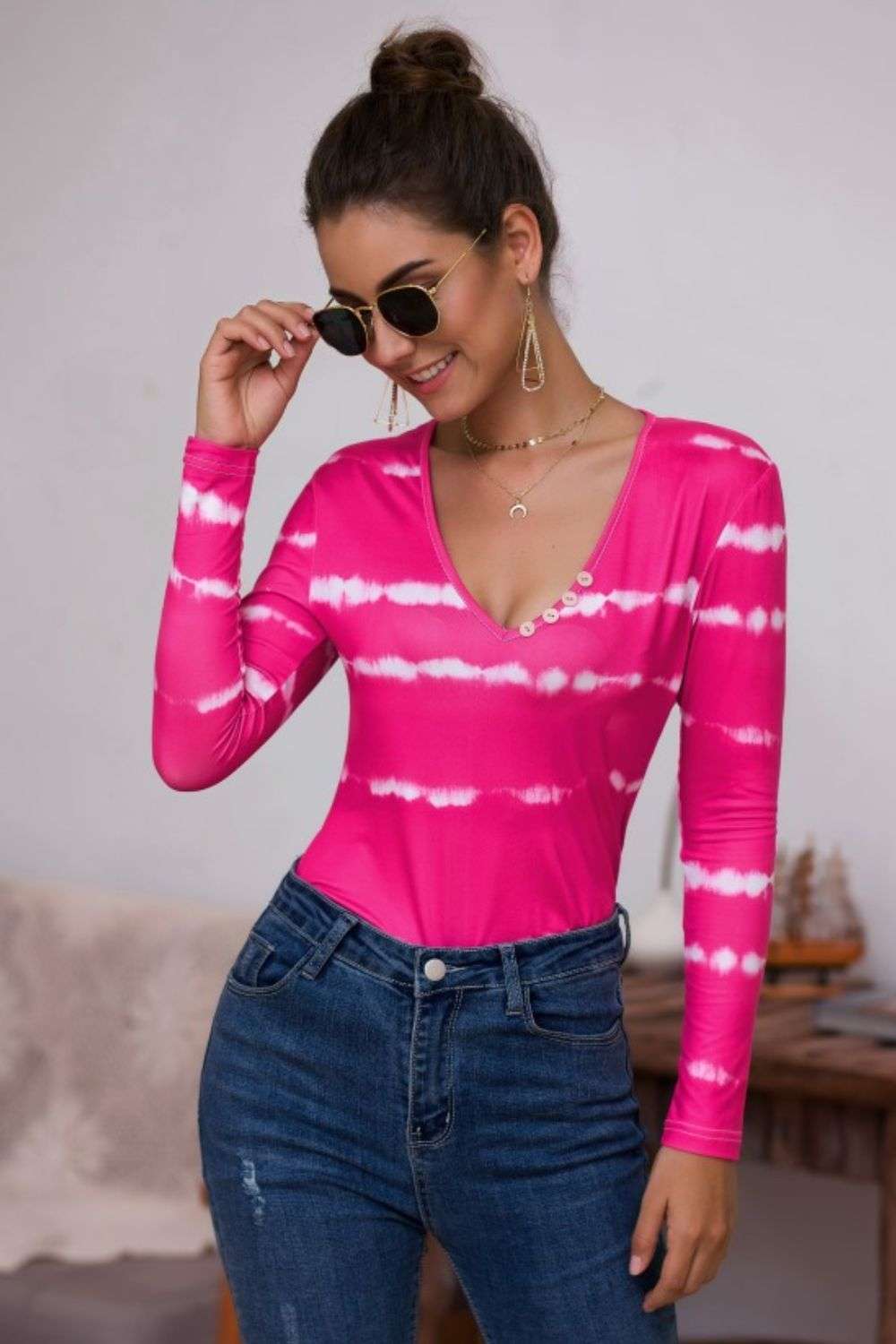 Tie-Dye Plunge Long Sleeve Top WESTCLOSET