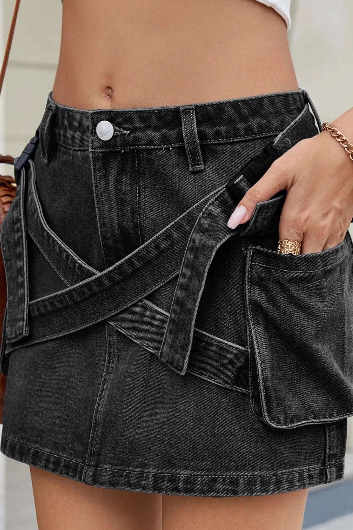 Criss-Cross Waist Detail Denim Mini Skirt WESTCLOSET