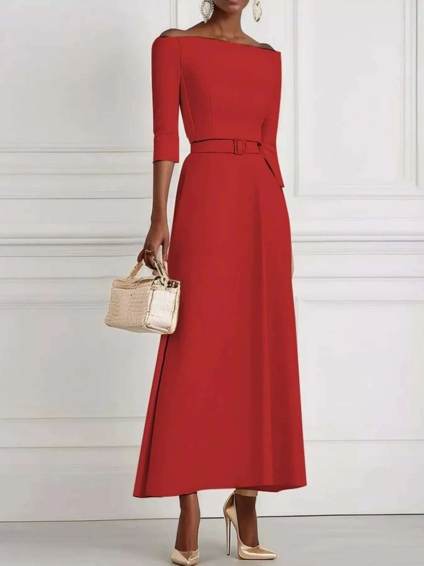 Elegant Off-Shoulder Belted Maxi Dress WESTCLOSET