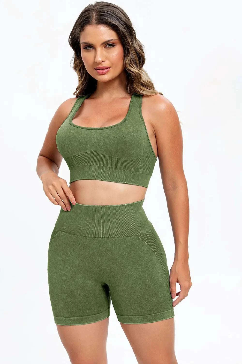 3 Piece Washed Square Neck Wide Strap Active Set WESTCLOSET