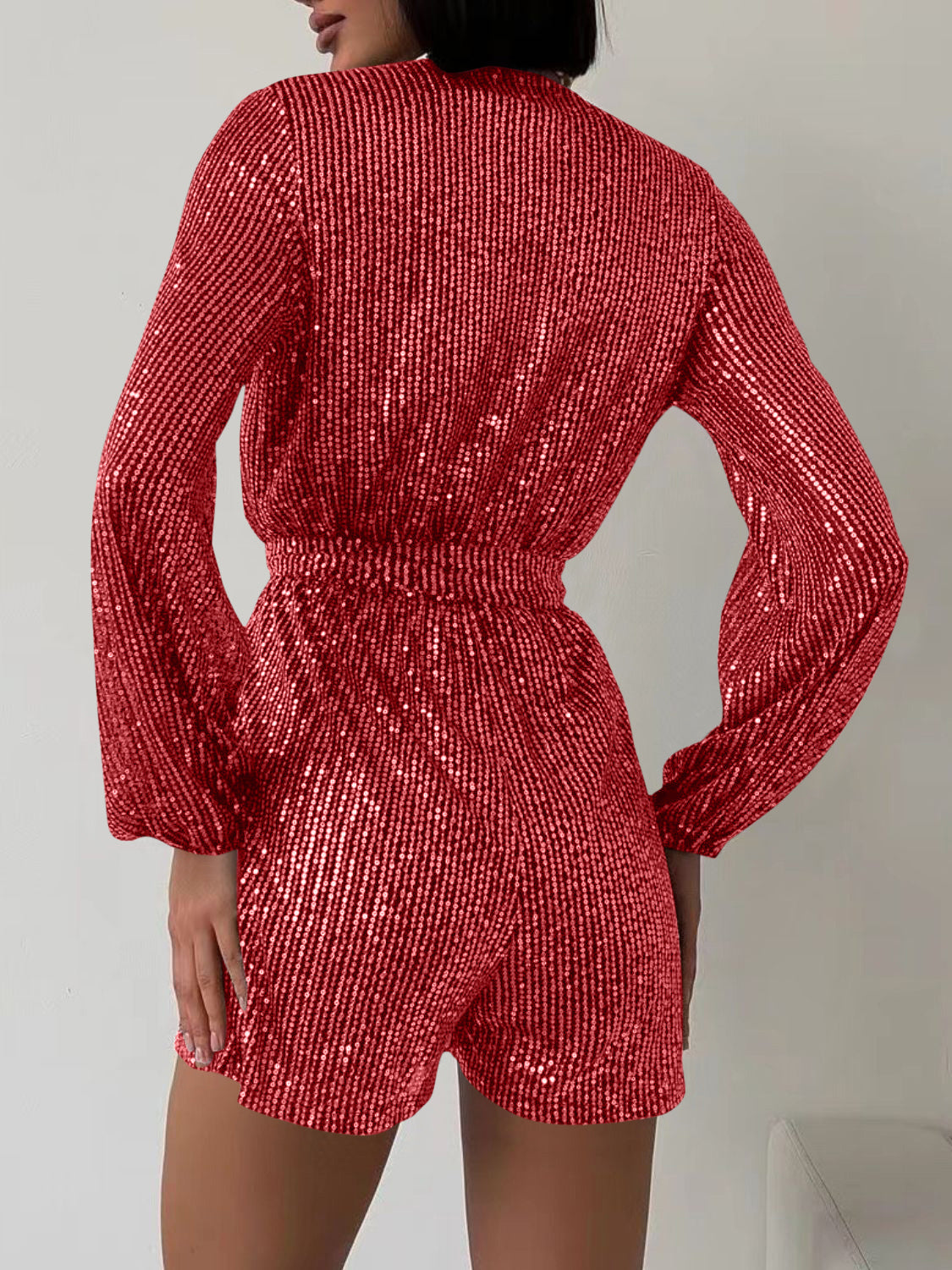 WestCloset Full Size Sequin Surplice Tie Waist Long Sleeve Romper 