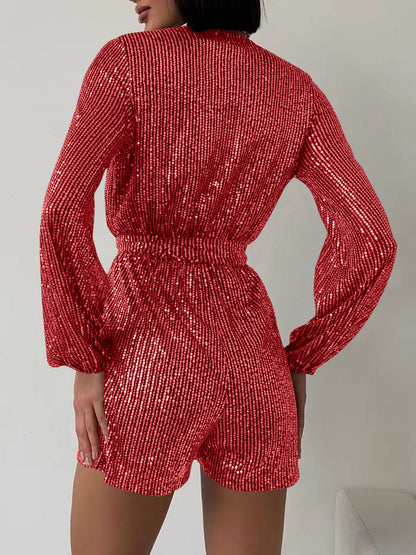 WestCloset Full Size Sequin Surplice Tie Waist Long Sleeve Romper 