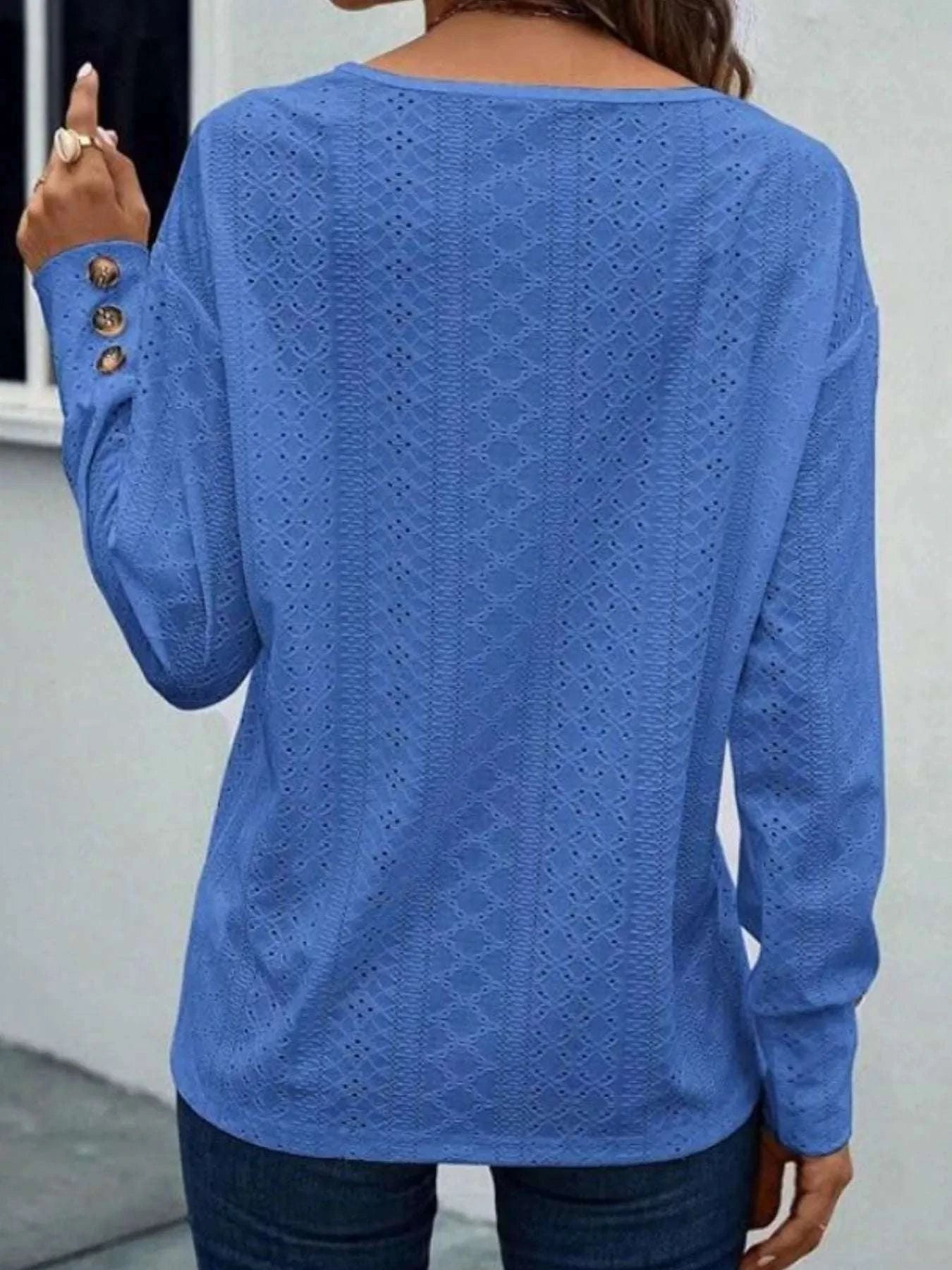 Eyelet V-Neck Long Sleeve T-Shirt WESTCLOSET