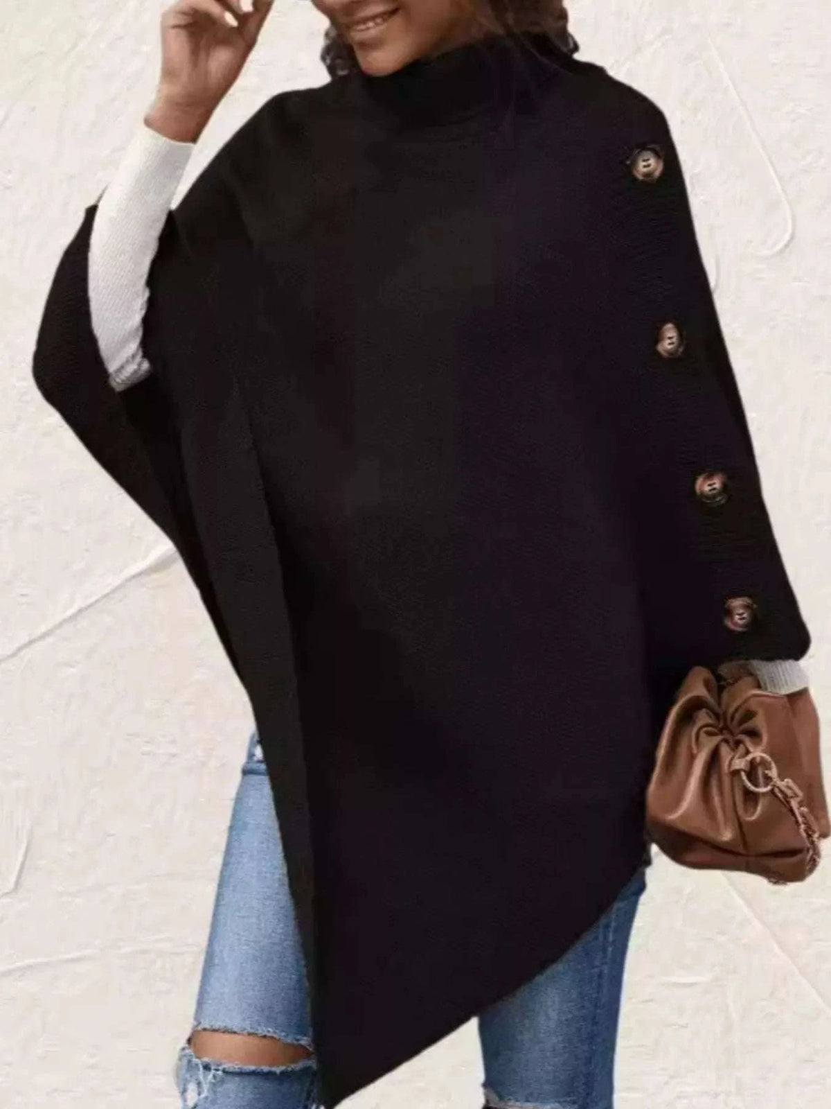 Button-Decor Turtleneck Poncho Pullover WESTCLOSET