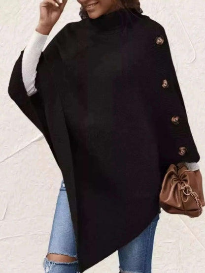 Button-Decor Turtleneck Poncho Pullover WESTCLOSET